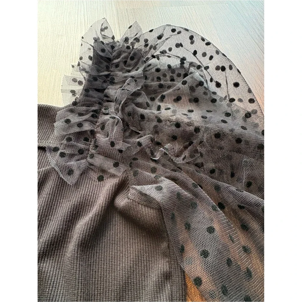 Loft Black Mesh Balloon Sleeve Coquette‎ Noir Dark Academia Swiss Dot Ruffle